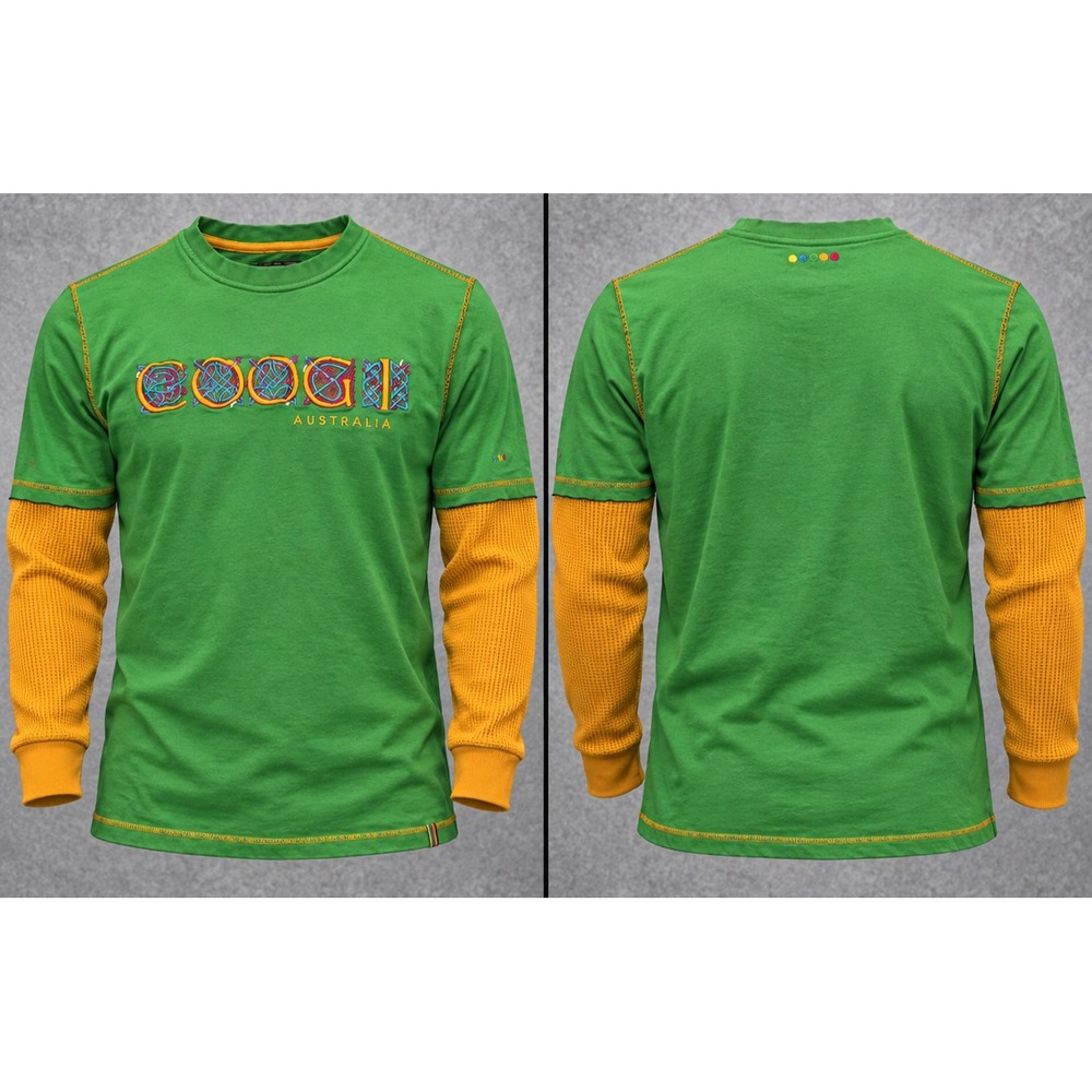 Vintage COOGI Shirt Mens Large Green Yellow Long Sleeve Spellout Hip Hop Y2K